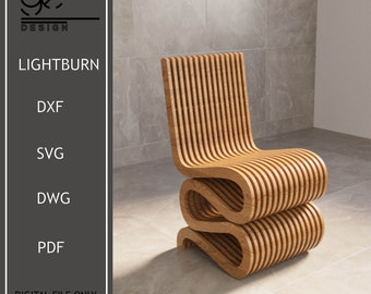 May include: A wooden chair with a unique, curved design. The chair is made of multiple layers of wood, creating a layered effect. The chair is light brown in color and has a smooth finish.