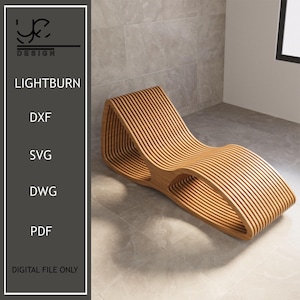 Puede incluir: Una tumbona de madera de color marr&oacute;n claro con un dise&ntilde;o curvo y de listones. La imagen incluye el texto "LIGHTBURN" y "DIGITAL FILE ONLY". El dise&ntilde;o tiene una est&eacute;tica moderna. La tumbona est&aacute; hecha de listones de madera.