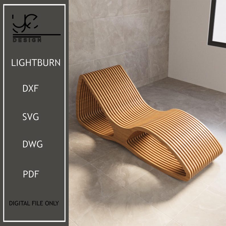 Puede incluir: Una tumbona de madera de color marr&oacute;n claro con un dise&ntilde;o curvo y de listones. La imagen incluye el texto "LIGHTBURN" y "DIGITAL FILE ONLY". El dise&ntilde;o tiene una est&eacute;tica moderna. La tumbona est&aacute; hecha de listones de madera.