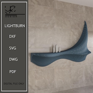 May include: A blue, wavy, wall-mounted shelf with a modern design. The shelf is made of wood and has a smooth, curved surface. It is perfect for displaying decorative items or storing small objects.