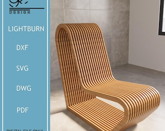 May include: A wooden chair with a curved design, made of thin slats. The chair is light brown in color and has a modern, minimalist style. The chair is sitting on a tiled floor.