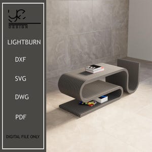 May include: A grey, modern coffee table with a unique, curved design. The table has two levels and a matching side piece. The image also includes the text "LIGHTBURN" and file type options: DXF, SVG, DWG, and PDF. Digital file only.