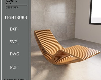May include: A wooden lounge chair with a curved design and slatted back and seat. The chair is made of light brown wood and has a modern, minimalist style. The chair is shown in a room with a gray tiled floor and a window in the background.