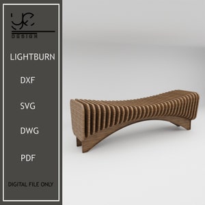 May include: A wooden bench with a curved design and slatted back. The bench is made of light brown wood and has a natural finish.