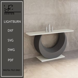May include: A contemporary console table with a white surface and a grey, circular base. The table has a distinctive design with concentric rings. The image also includes the text "LIGHTBURN" and file format options.