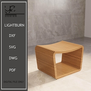 May include: A light brown wooden bathroom stool with a curved top and a slatted design. The stool is made of multiple layers of wood, creating a unique and stylish look.