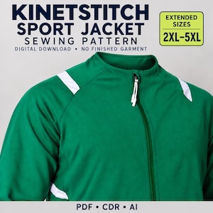 May include: A green sport jacket sewing pattern featuring white accents on the shoulders and a front zip. The text reads KINETSTITCH SPORT JACKET SEWING PATTERN, DIGITAL DOWNLOAD, NO FINISHED GARMENT, EXTENDED SIZES 2XL-5XL, PDF, CDR, AI.