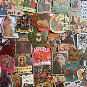 May include: A collection of assorted die-cut stickers featuring various illustrations, including medieval figures, animals, and humorous text. The stickers display diverse designs such as a plague doctor, a knight on horseback, and a squirrel, with phrases like 'I have weird hobbies' and 'Ye Olde Bottle' printed on them.