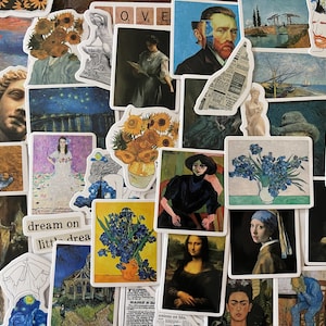 May include: A collection of assorted stickers featuring famous fine art paintings, classical sculptures, and literary quotes. The stickers display various artistic styles, including portraits, landscapes, and floral arrangements, with a mix of rectangular and die-cut shapes.
