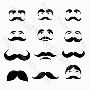 Increíbles 4 conjuntos de diseños de bigote negro para tazas, camisetas y más / JPG de alta resolución / Moustache Movember