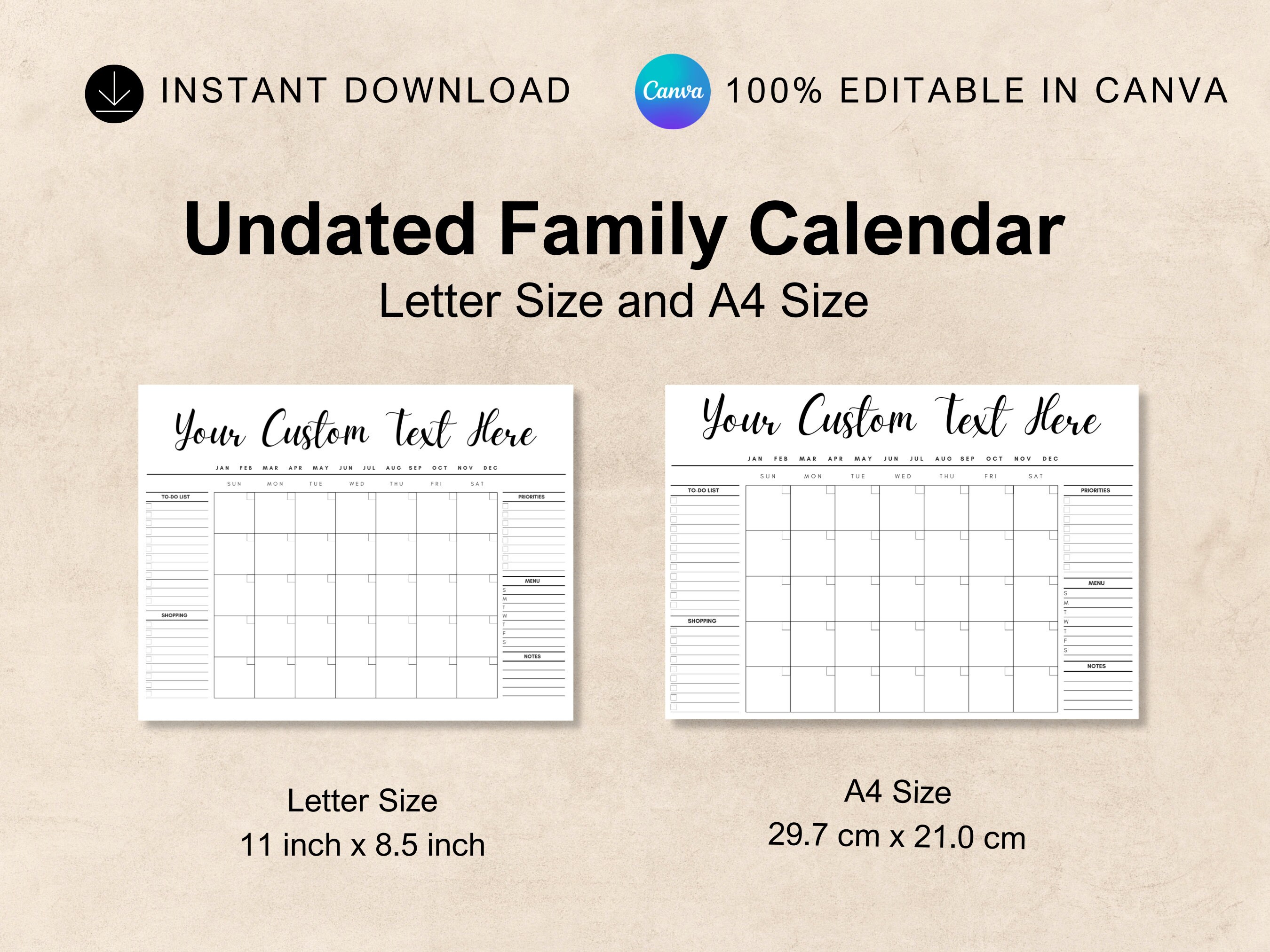 Undated Customizable Family Calendar for Vinyl Cut, Custom Acrylic ...
