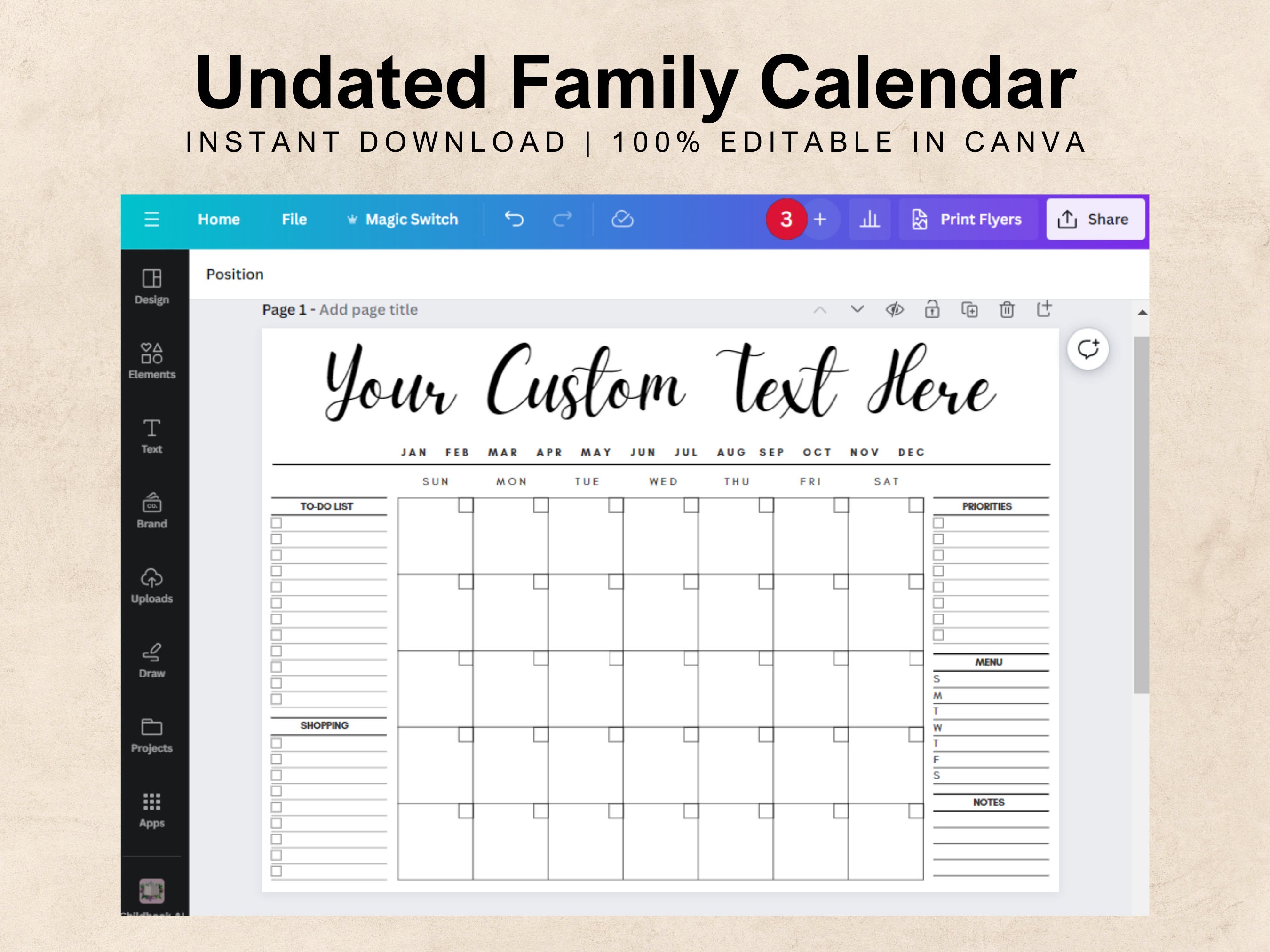 Undated Customizable Family Calendar for Vinyl Cut, Custom Acrylic ...