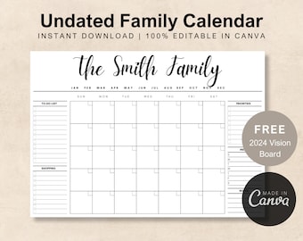 Undated Customizable Family Calendar for Vinyl Cut, Custom Acrylic Family Planner, Calendar Canva Template, Editable Calendar