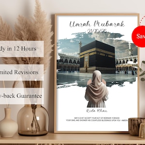 Personalized Umrah Mubarak Wall Art | Custom Kaaba Background & Praying Woman Colors | Editable Umrah Date Islamic Digital Print
