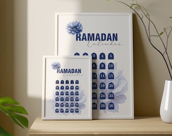 Ramadan Calendar Printable Wall Art, Ramadan Planner Digital Download, Blue Ramadan Decoration Modern, Large Islamic Poster Islam