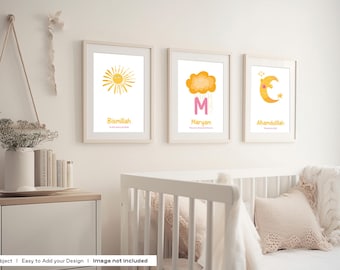 Set of 3 Printable Muslim Nursery Posters and Prints, Personalised Islamic Wall Art Gifts for Kids, Digital Download Art for Children Girls