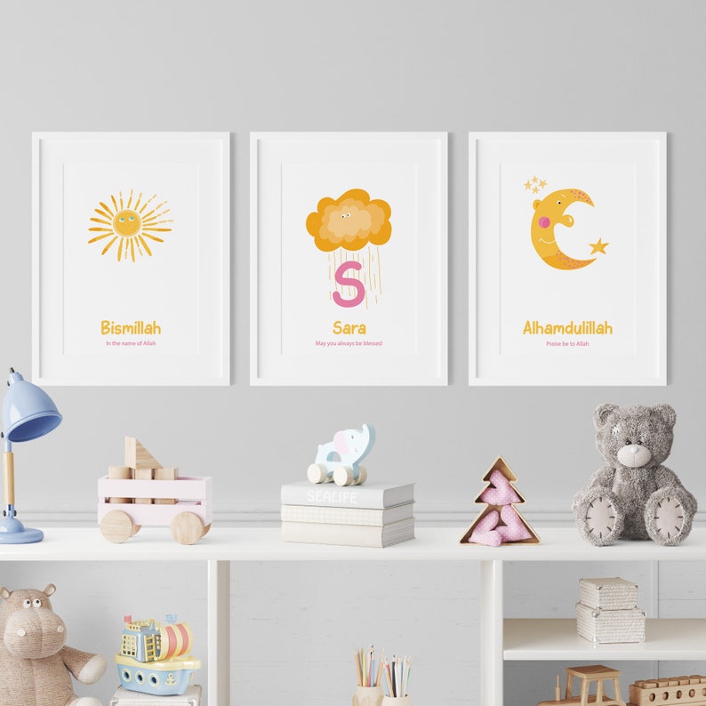 Set of 3 Printable Muslim Nursery Posters and Prints, Personalised