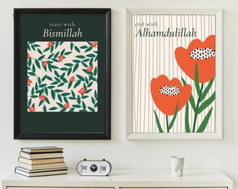 Islamic Wall Art, Set of 2 Islamic Prints, 2 Piece Muslim Wall Art, Bismillah Alhamdullilah Printable Art, Printable Islamic Wall Art