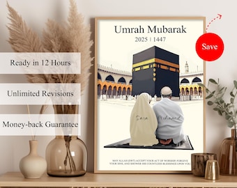 Personalized Umrah Mubarak Digital Wall Art Print, Custom Islamic Hajj Gift for Him or Her, Muslim Printable Home Decor Poster