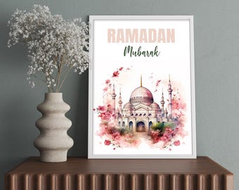 Ramadan Mubarak Printable Wall Art | Islamic Ramadan Decor | Muslim Home Decor Digital Download | Mosque Watercolor Art
