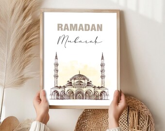 Ramadan Mubarak Wall Art Digital Download, Islamic Printable Poster, Ramadan Decorations, Muslim Home Decor, Mosque Downloadable Print Beige
