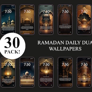 May include: A set of 30 Ramadan Daily Dua Wallpapers for mobile phones. The wallpapers feature a variety of designs with Islamic themes, including mosques, lanterns, and Arabic calligraphy. The text "30 PACK!" is displayed in a circle at the bottom of the image.