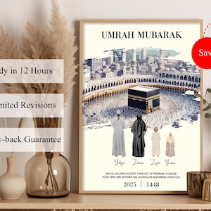 Personlig Umrah Mubarak digital design, anpassad Umrah-present med riktigt foto, Kaba-bakgrund, Dua och namn, islamisk tryckning