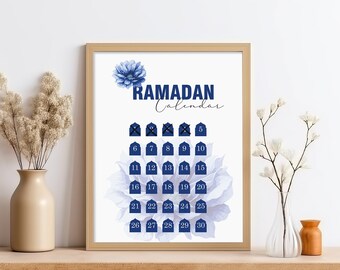 Art mural imprimable calendrier ramadan, téléchargement numérique de planificateur ramadan, décoration ramadan bleu moderne, grande affiche islamique islam