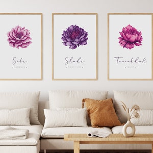 3 Piece Islamic Wall Art Digital Download, Set of 3 Muslim Posters and Prints, Islamic Gifts, Printable Artwork Sabr Shukr Tawakkul Flowers