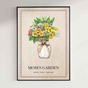 家族の誕生花プリント、母の庭のプリント、カスタム花束ウォールアート、パーソナライズされたアンティークフラワーガーデン、お母さんへの誕生日プレゼント