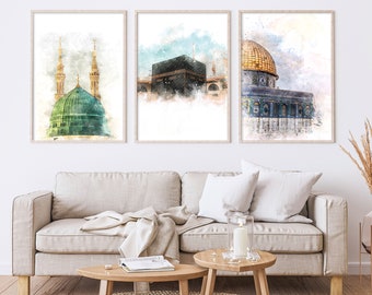 Set of 3 Islamic Wall Art, Kaaba Mecca, Masjid an-Nabawi Medinah, Al Aqsa, Dome of the Rock, Islamic Home Decor, Islamic Gifts