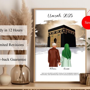 Personliga islamiska presenter för par, anpassad Umrah 2025-ram med namn och datum, unik muslimsk heminredning, Hajj-present, familjeskylt
