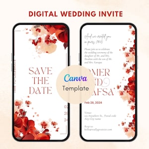 MUSLIM WEDDING Evite Save the Date INVITATION, Red Floral Nikkah Wedding Card, Islamic Digital WEdding Card, Walima Invitation Baraat Invite