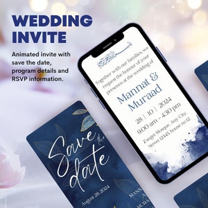 May include: A blue and gold wedding invitation with a save the date card, RSVP card, and a phone screen displaying the wedding details. The text on the phone screen reads "Together with our families, we request the honour of your presence at the wedding of Mannat & Muraad 28|10|2024 9.00 am - 4.30 pm Fauget Mosque. Any City. Street 12345, house no 12"