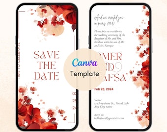 MUSLIM WEDDING Evite Save the Date INVITATION, Red Floral Nikkah Wedding Card, Islamic Digital WEdding Card, Walima Invitation Baraat Invite