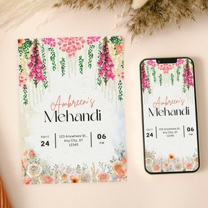 May include: A floral-themed invitation for a Mehandi celebration. The invitation features a pink and white floral design with the text "Ambreen's Mehandi" in a peach-colored font. The date and time of the event are listed as "April 24, 06 PM".
