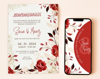 PAKISTANI WEDDING Invite and Muslims Wedding Card, Red Rose Invite Islamic Digital Wedding Invite Nikkah Card Animated Baraat Invite
