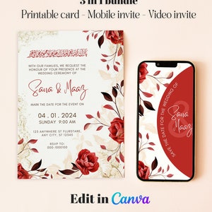 May include: A printable wedding invitation card with a red and gold floral design. The card features the text "Sana & Maaz" and the date "04.01.2024". The invitation also includes a mobile phone screen mockup with a similar design.