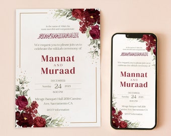 Islamic Digital Wedding Invite Muslims Wedding Card Nikkah Invitation PAKISTANI WEDDING Invite Red Rose Invite