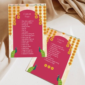 May include: Two pink cards with yellow floral borders and peacocks on each side. The cards have a list of song titles in Hindi, with the heading "Content Page".