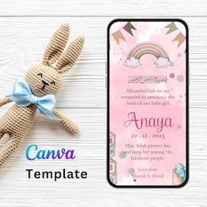 Anuncio de NACIMIENTO islámico, Anuncio de nacimiento de bebé musulmán, Anuncio de nacimiento de niña editable, Favor de baby shower islámico