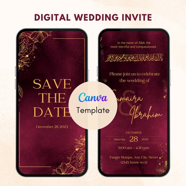 Digital Muslim Wedding Invitation Template, Islamic Wedding Digital Invite, Wedding Evite, Digital Wedding Card, Burgundy Maroon Red Nikkah