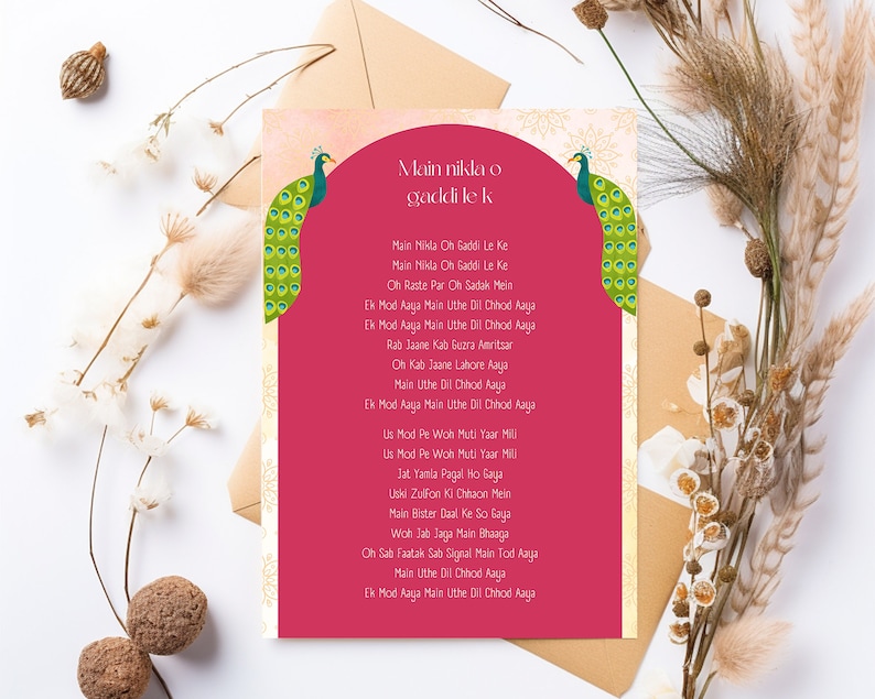May include: A red and gold card with a peacock design and text in Hindi. The text reads "Main nikla o gaddi le k" which translates to "I left in a car".
