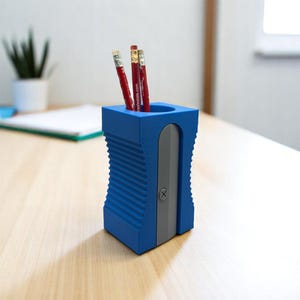 May include: A blue pencil holder with a built-in pencil sharpener. The sharpener is gray and has a small hole for sharpening pencils. There are four red pencils in the holder.