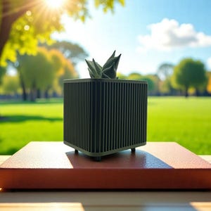 May include: A black square-shaped planter with a green succulent plant growing inside. The planter has a ribbed design and sits on a brown surface.