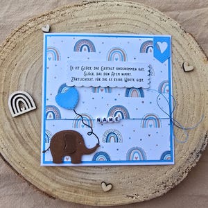 Karte zur Geburt Junge, blau, personalisiert, Regenbogen, Elefant