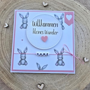 Karte zur Geburt, Mädchen,personalisiert, Häschen, Rosa