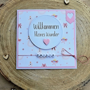 Karte zur Geburt Mädchen, personalisiert, Krone, Rosa