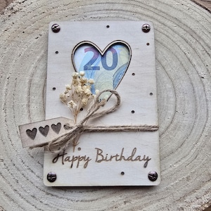 Geburtstagskarte aus Holz, Happy Birthday, Geldgeschenk