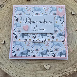 Karte zur Geburt Mädchen, personalisiert, Einhorn, Rosa